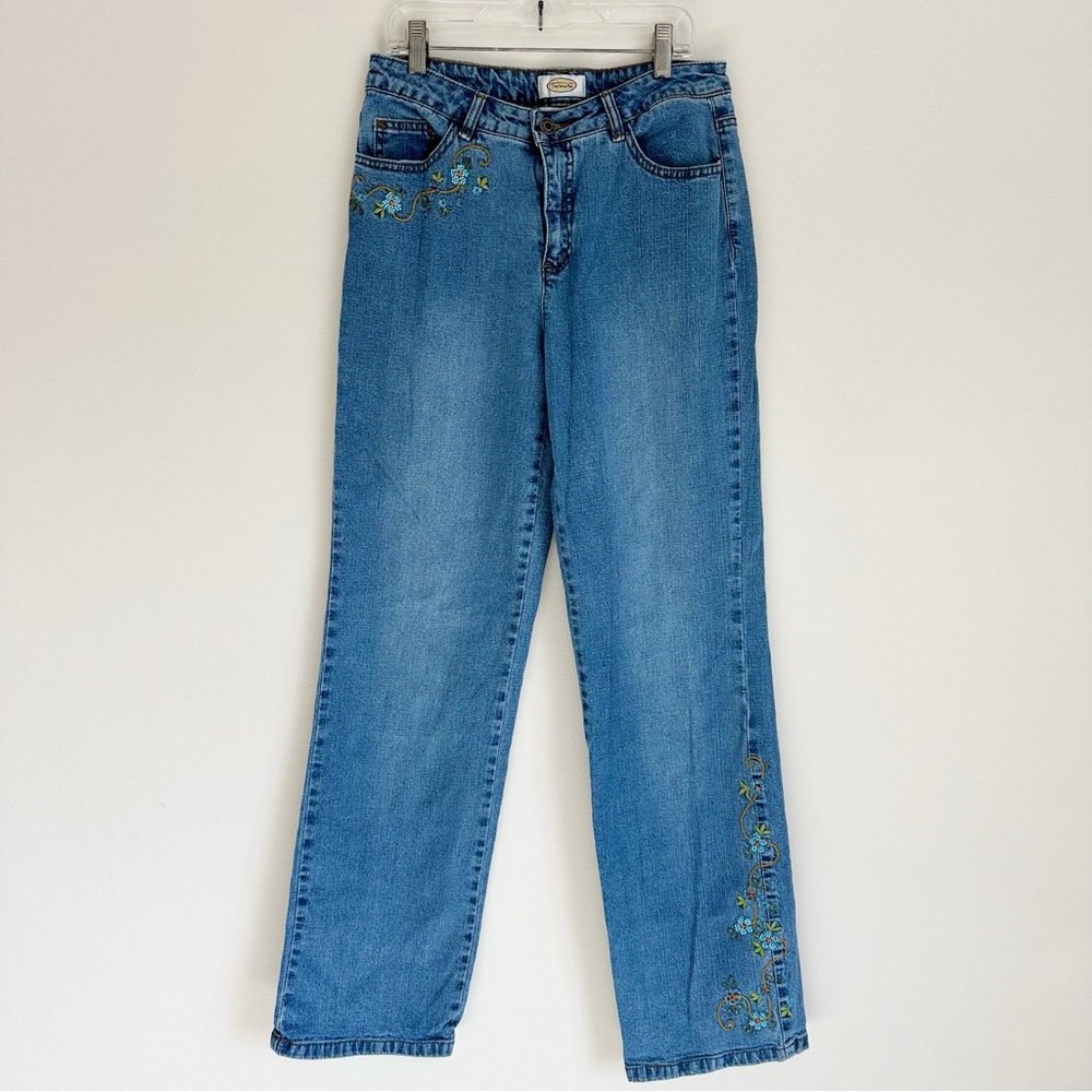 Talbots Women’s Floral Embroidered Stretch Denim Straight Leg Blue Jeans, size 4